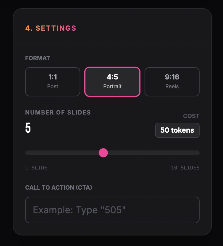 GoToFlow settings screen for 4:5 format, slide count and CTA