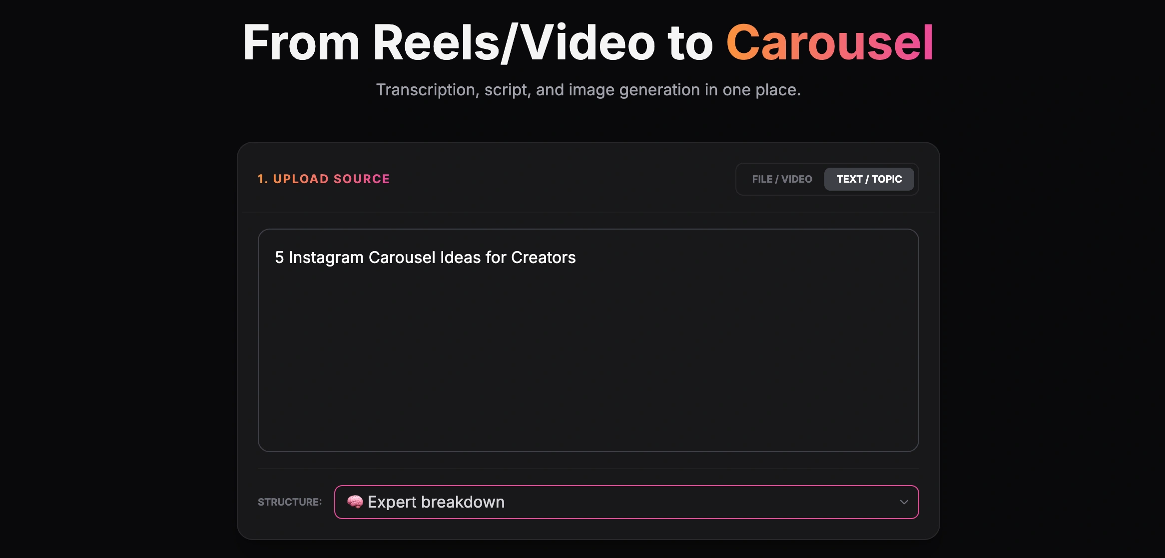 GoToFlow screen for creating a carousel from a text topic